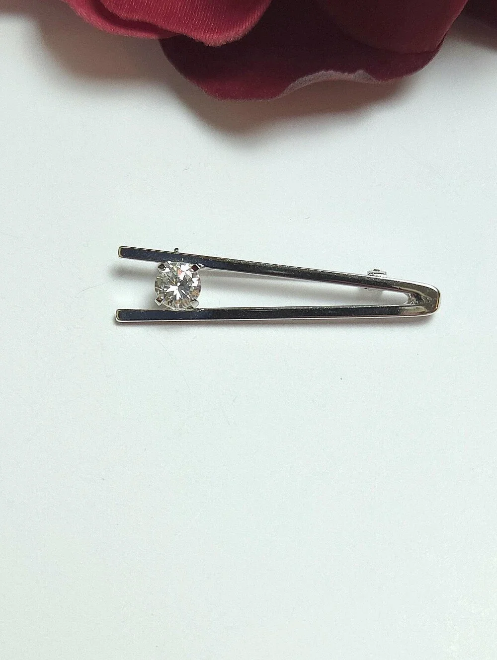 Vintage Sterling Silver & Cubic Zirconia Crystal Gemometric Brooch